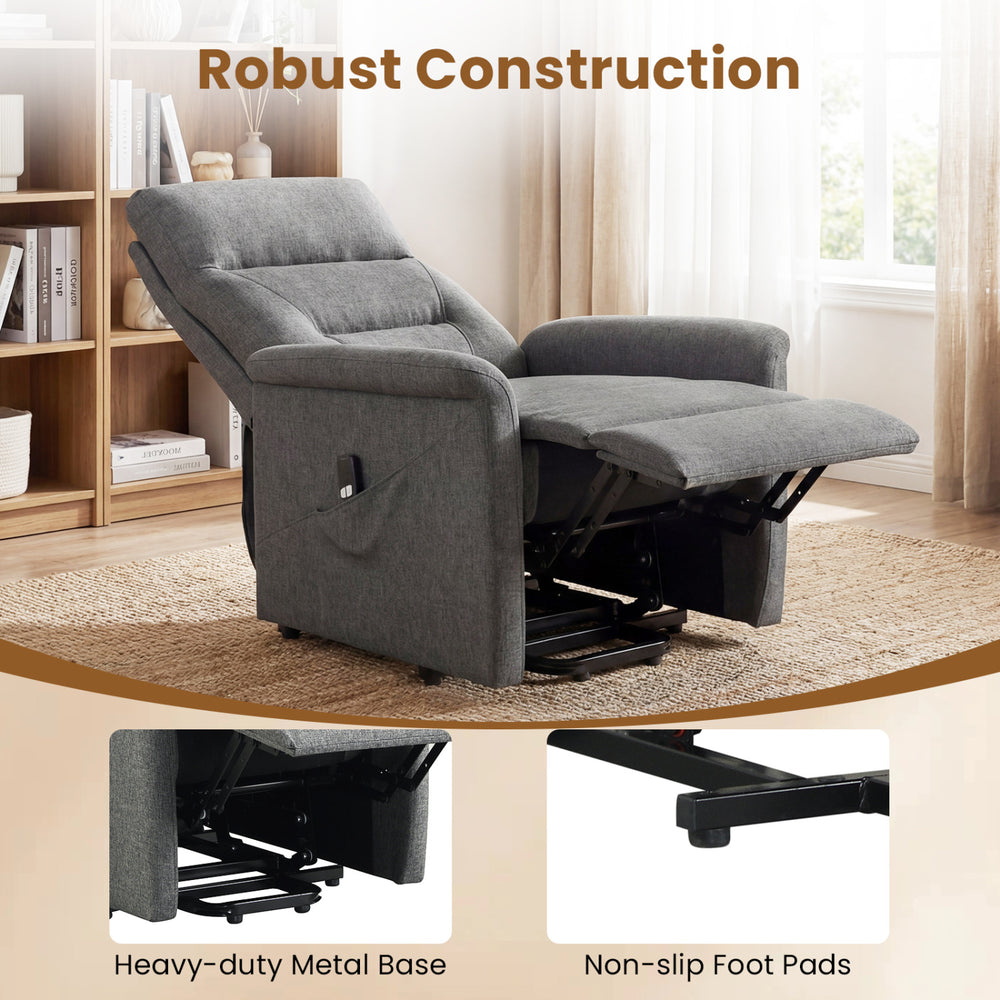 Power lift recliner chair in gray with electric lift, side storage pocket, and non-slip foot pads for elderly comfort.