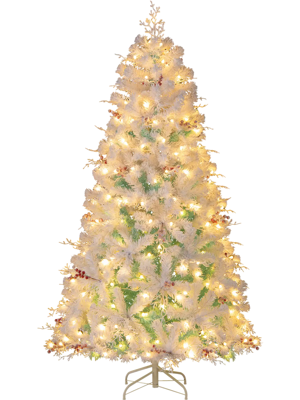 Pre-lit artificial Christmas tree with snow flocked branches, warm white LED lights, and frosted red berries for.