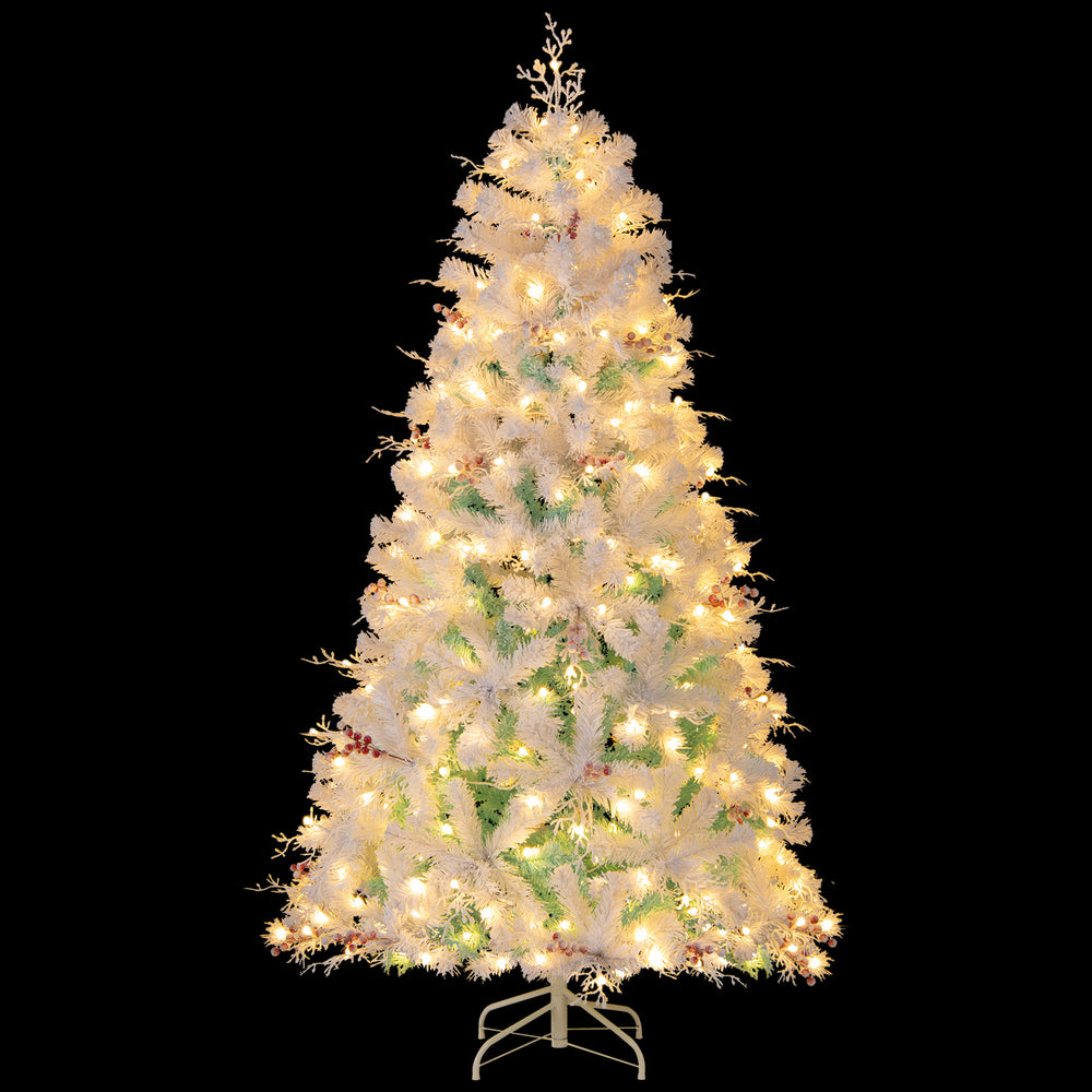 Pre-lit artificial Christmas tree featuring snow flocked branches, warm white LED lights, and a sturdy crossed metal.