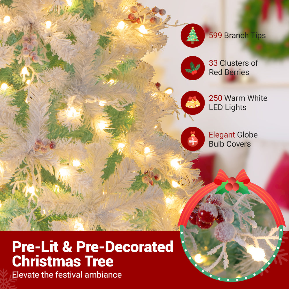 Snow flocked artificial Christmas tree with red berries and warm white LED lights, perfect for festive decor.