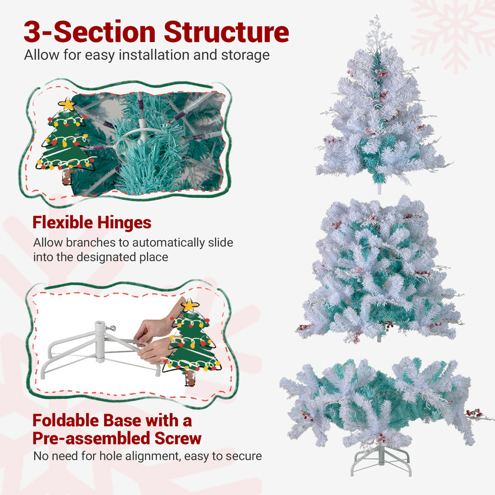 Pre-lit artificial Christmas tree with snow flocked branches, featuring flexible hinges and a foldable metal base for.