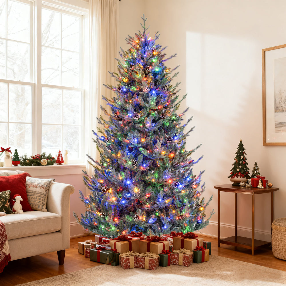 Pre-lit artificial Christmas tree with multicolored LED lights, featuring lush branch tips and natural pine cones for.