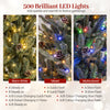 Pre-lit artificial Christmas tree featuring 500 multicolored LED lights and natural pine cones for festive gatherings.