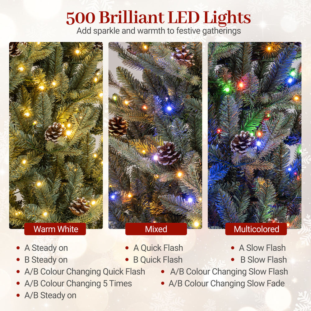 Pre-lit artificial Christmas tree featuring 500 multicolored LED lights and natural pine cones for festive gatherings.