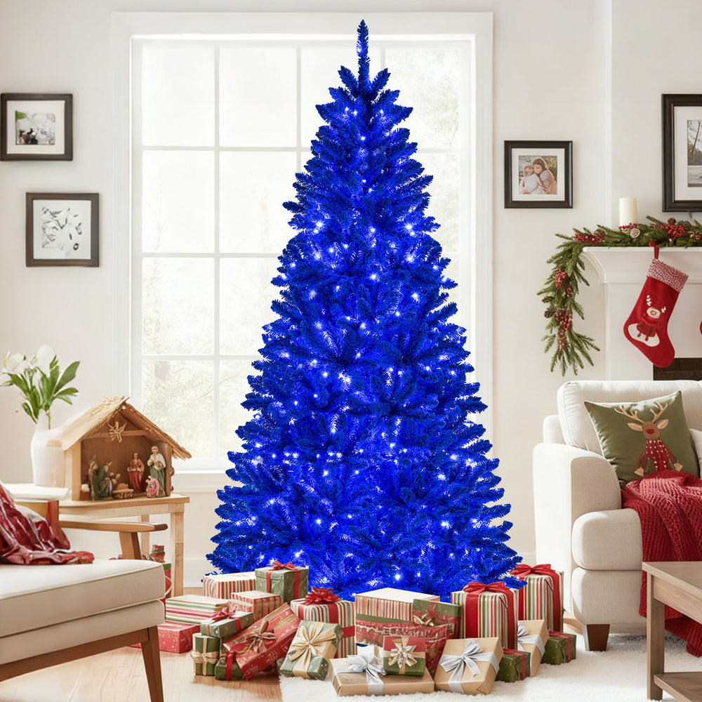 7 ft pre-lit artificial Christmas tree in vibrant royal blue with 340 LED lights, perfect for festive holiday decor.