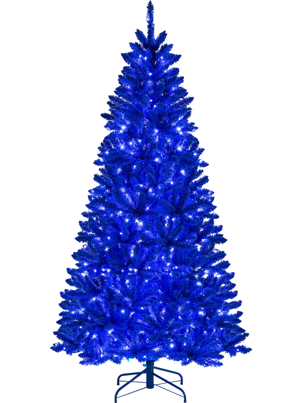 7 ft pre-lit artificial Christmas tree in vibrant royal blue with 340 LED lights and 3 lighting modes for festive decor.