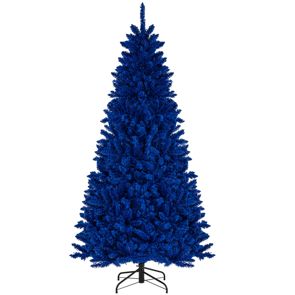 Vibrant 7 ft pre-lit artificial Christmas tree in royal blue with 340 LED lights, featuring a stable metal base and 3.