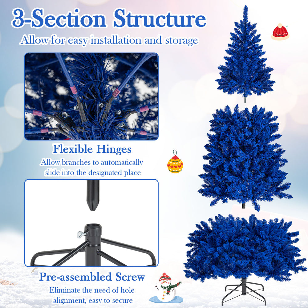 7 ft pre-lit artificial Christmas tree in vibrant royal blue with 340 LED lights, featuring a 3-section structure for.