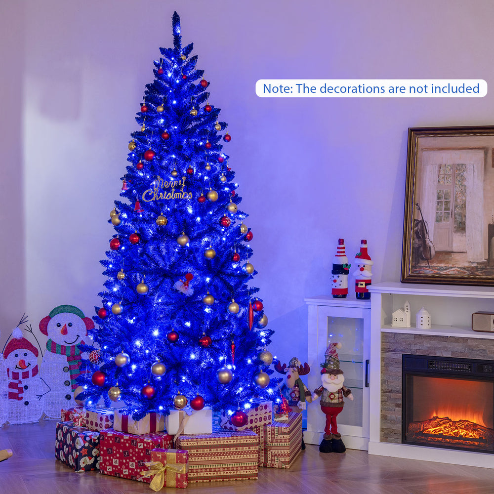 7 ft pre-lit artificial Christmas tree in vibrant royal blue with 340 LED lights, showcasing a modern holiday.
