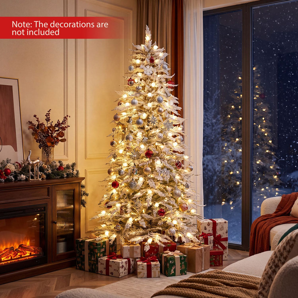 Pre-lit artificial Christmas tree with 280 warm white LED lights, featuring a tiered cypress-inspired design for festive elegance.