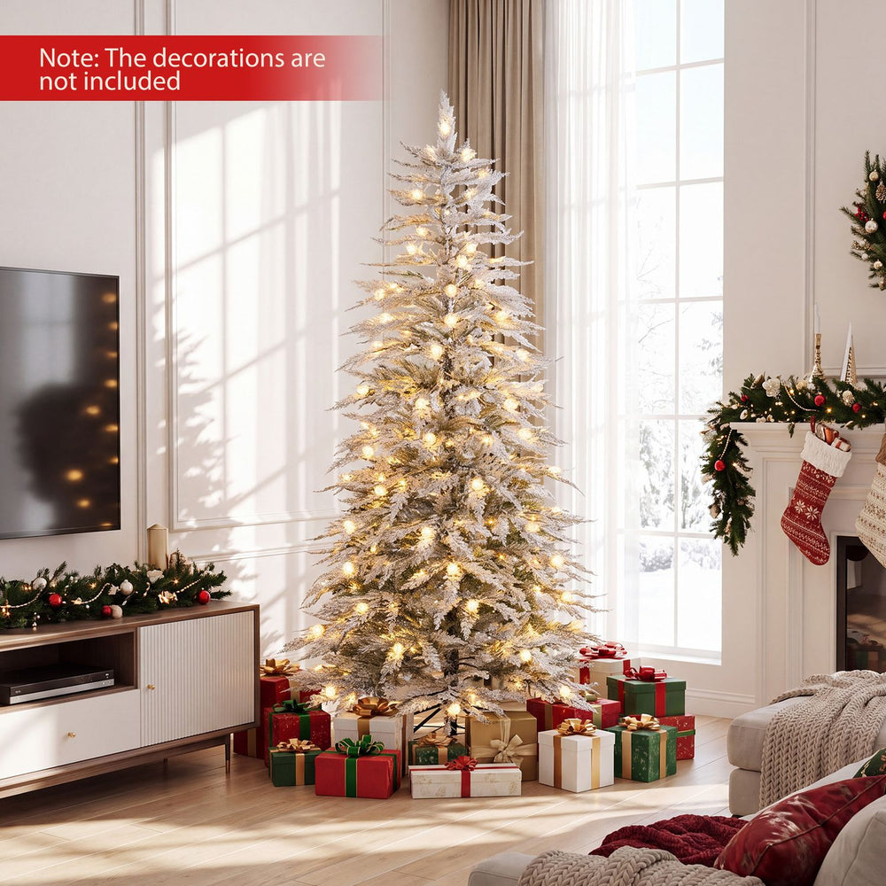 Pre-lit artificial Christmas tree with 350 warm white LED lights, featuring a snowy texture and elegant tiered design for festive decor.