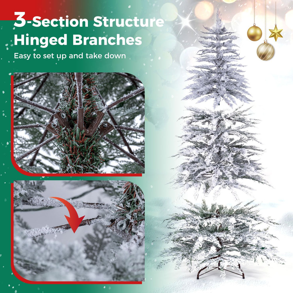 Pre-lit artificial Christmas tree with 280/350/440 warm white LED lights and hinged branches for easy assembly and storage.