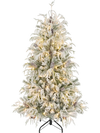 Pre-lit artificial Christmas tree with warm white LED lights, snow flocking, and pine cones for a festive holiday display.