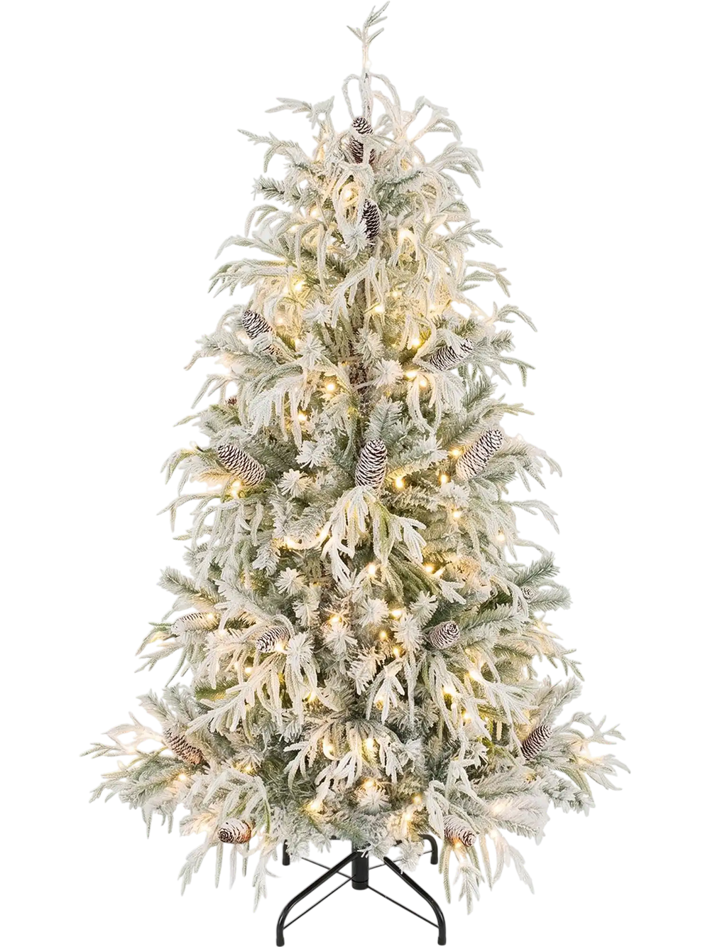 Pre-lit artificial Christmas tree with warm white LED lights, snow flocking, and pine cones for a festive holiday display.