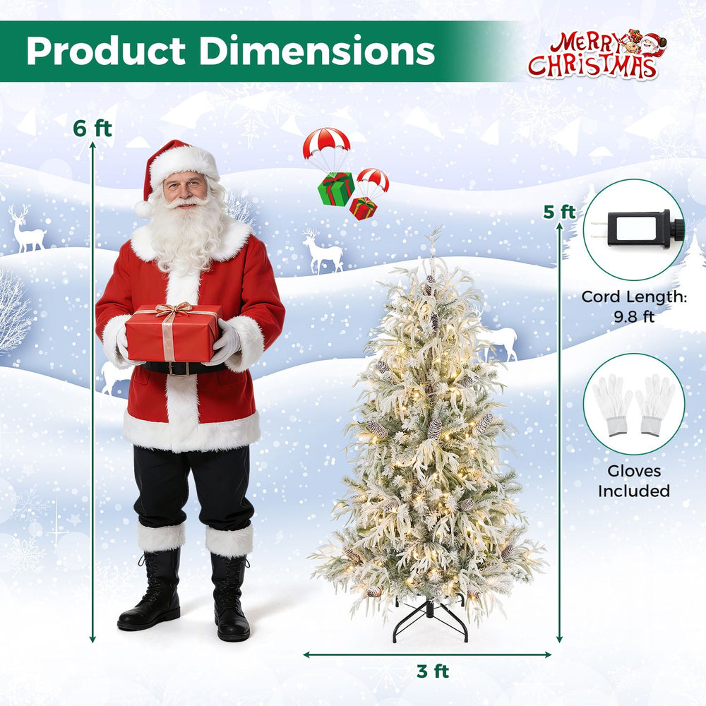 Pre-lit artificial Christmas tree with warm white LED lights, snow flocking, and included gloves for easy setup.