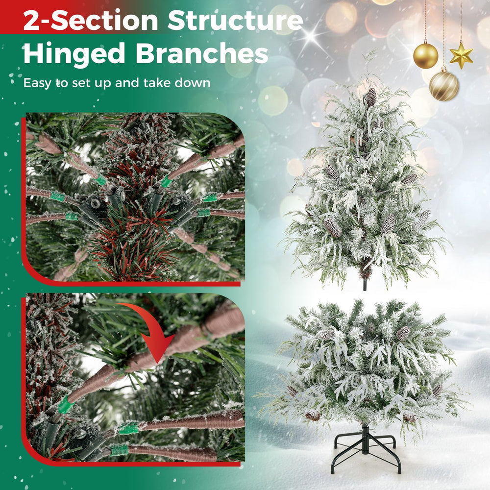 Pre-lit artificial Christmas tree with warm white LED lights, snow flocking, and hinged branches for easy setup and storage.