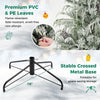Stable crossed metal base of the pre-lit artificial Christmas tree, featuring flame-retardant PVC and PE leaves for safety.