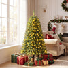 Pre-lit artificial Christmas tree with warm white LED lights and dense branch tips, perfect for festive holiday decor.