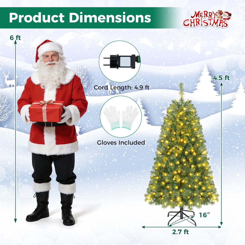 Pre-lit 4.5 ft artificial Christmas tree with 200 warm white LED lights, featuring a stable metal base and gloves included.