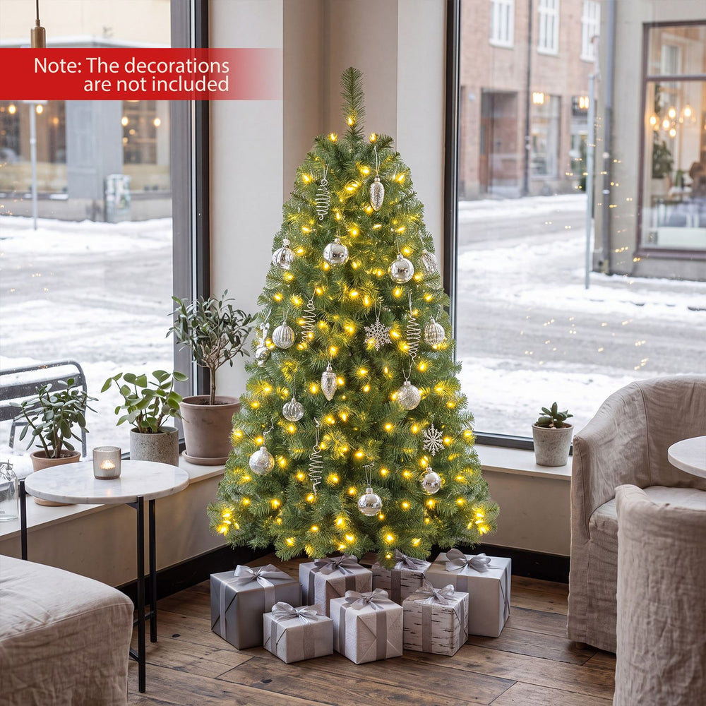 Pre-lit 4.5/7 FT artificial Christmas tree with 200/500 warm white LED lights, perfect for festive indoor holiday decor.
