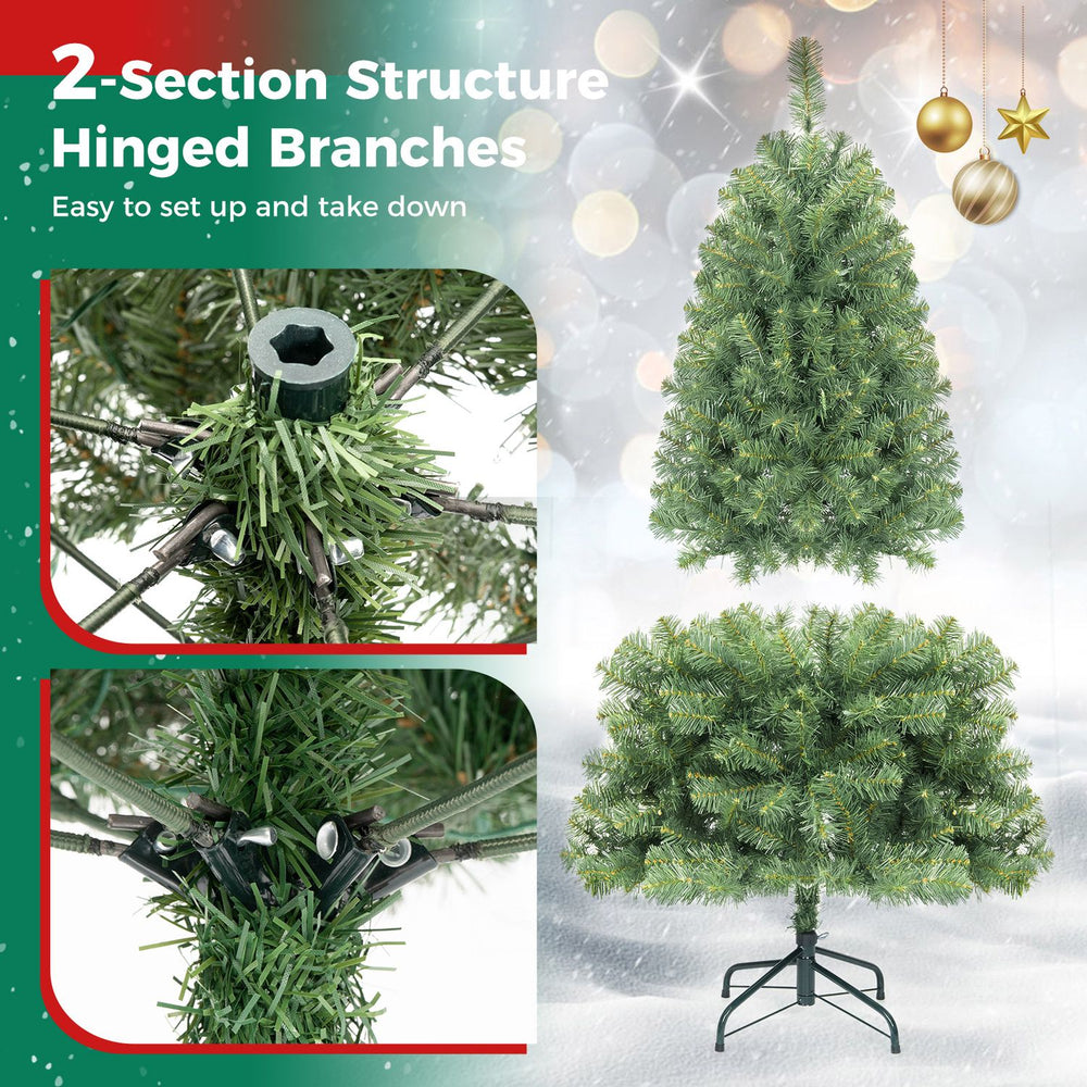 Pre-lit artificial Christmas tree with hinged branches, 200/500 warm white LED lights, and a stable metal base for easy setup.