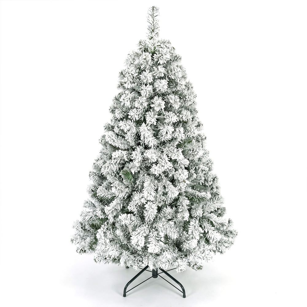 Snow-flocked pre-lit artificial Christmas tree with warm white LED lights, featuring a stable metal base for easy setup.