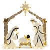 Pre-lit artificial crystal Holy Family decoration shown front-facing with a top star and warm white LED lights for the yard.