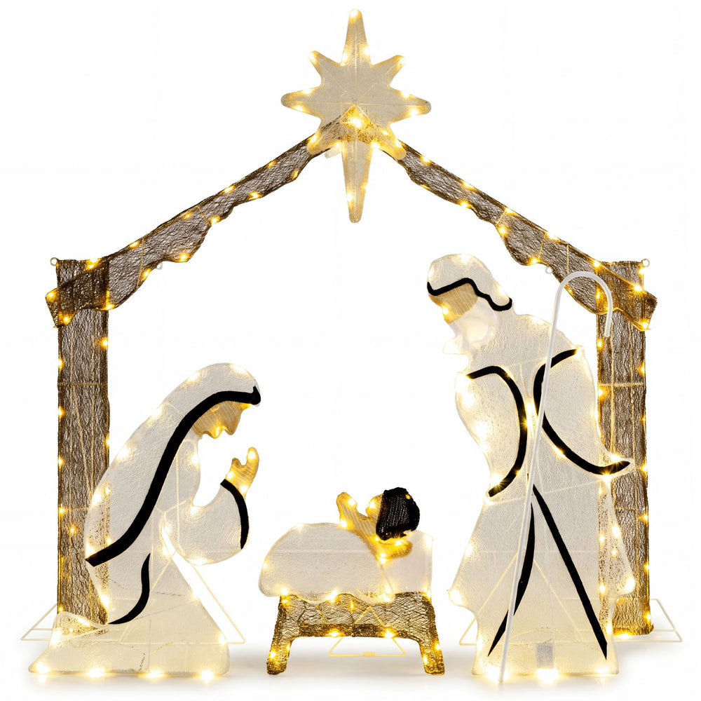 Pre-lit artificial crystal Holy Family decoration shown front-facing with a top star and warm white LED lights for the yard.