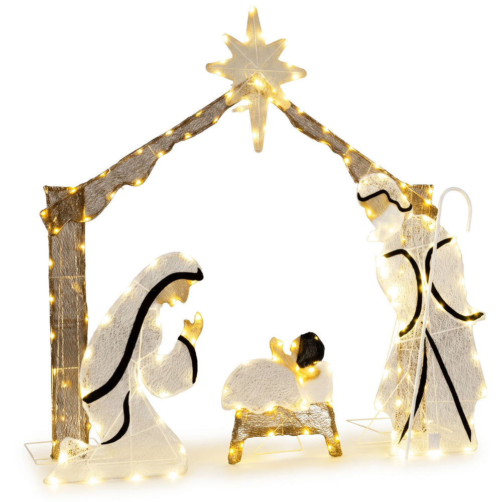 Pre-lit artificial crystal Holy Family decoration with 175 warm white LED lights, top star, and door design for the yard.