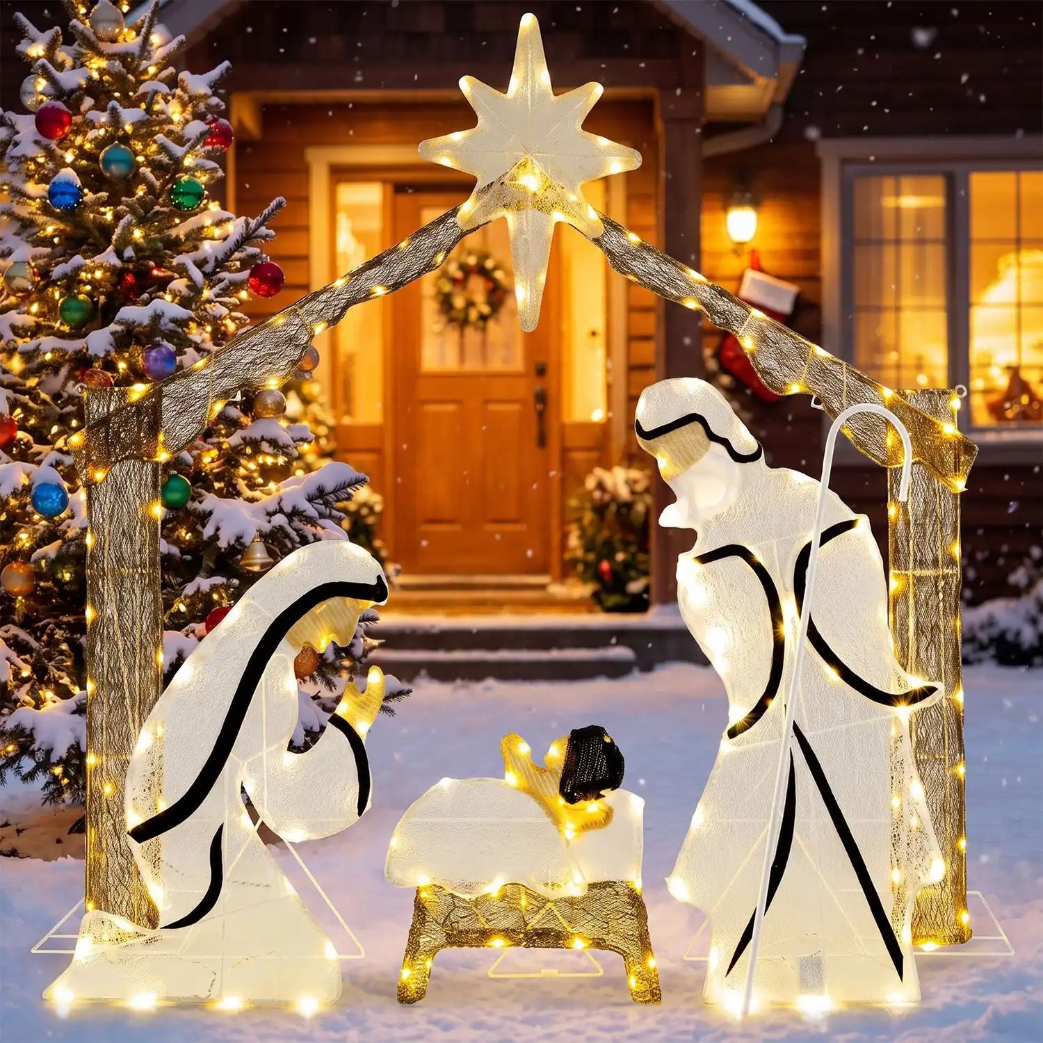 Costway Pre-Lit Artificial Crystal Holy Family Nativity Decoration Warm White LED Lights 33252430 New
