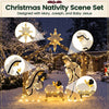 Pre-lit artificial crystal Holy Family decoration with warm white LED lights, 175 LEDs, and a glowing star in a snowy yard.