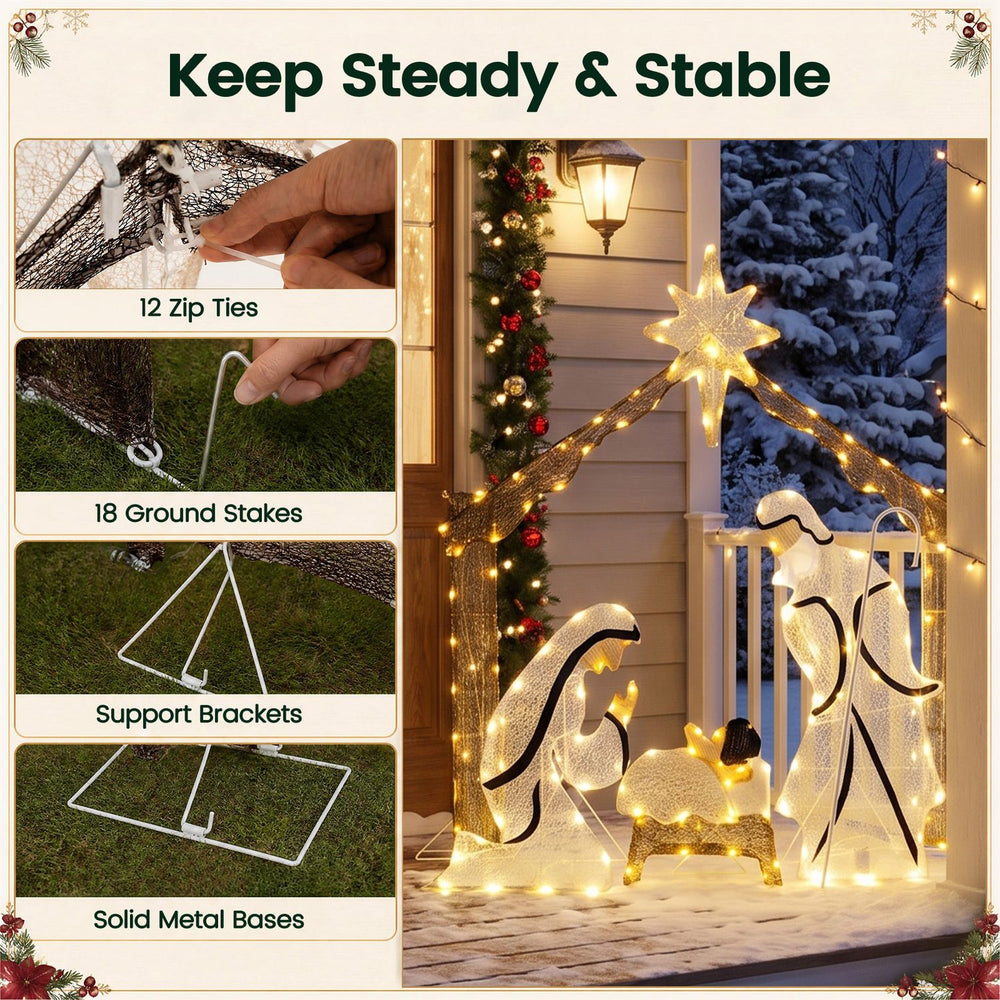 Pre-lit artificial crystal Holy Family with warm white LED lights, shown with 12 zip ties and 18 ground stakes for stability.