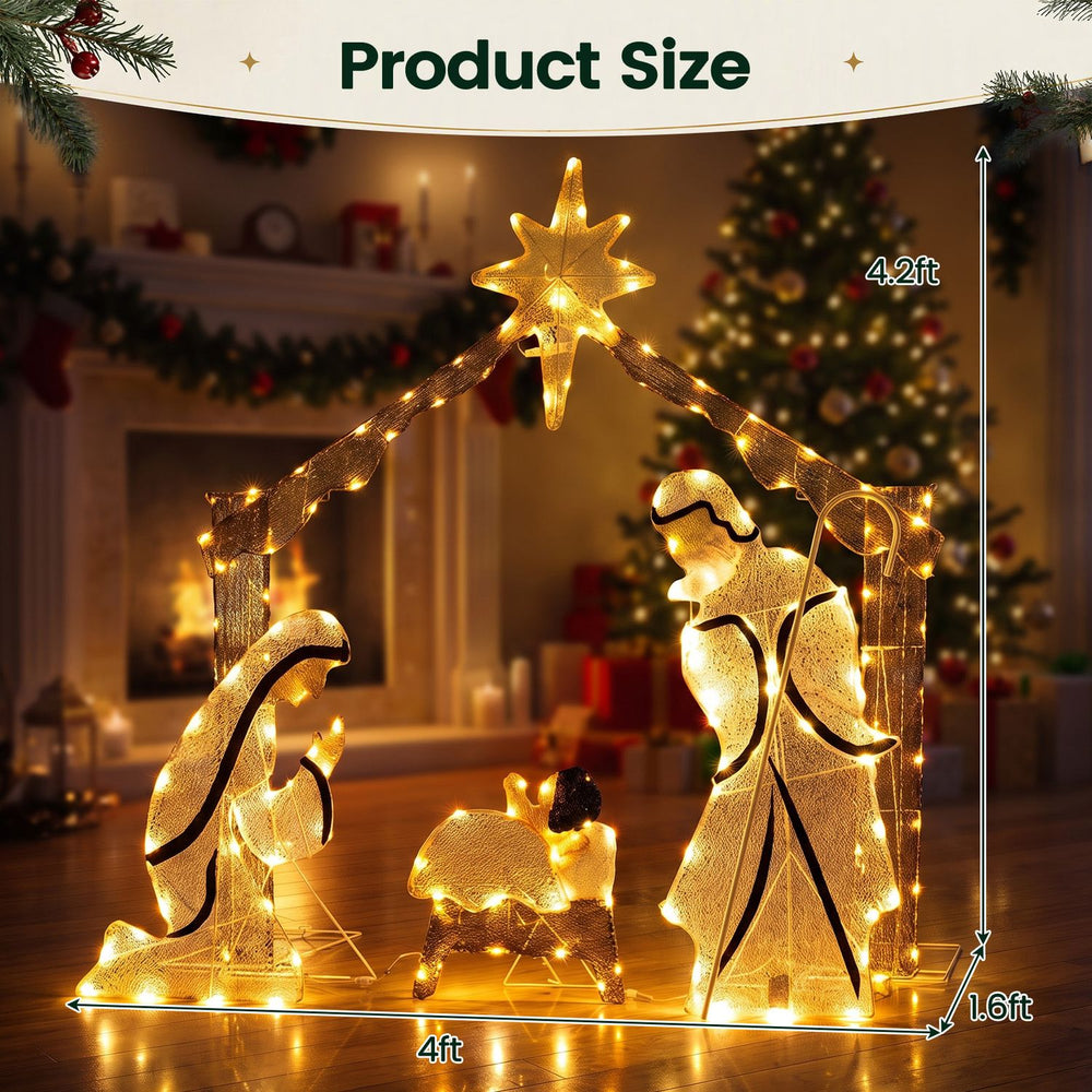 Pre-lit artificial crystal Holy Family decoration with warm white LED lights, shown as a 4.2 ft nativity scene.