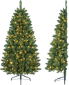 Pre-lit 5 ft artificial half Christmas tree with 250 warm white LED lights and 8 flash modes, perfect for wall placement.