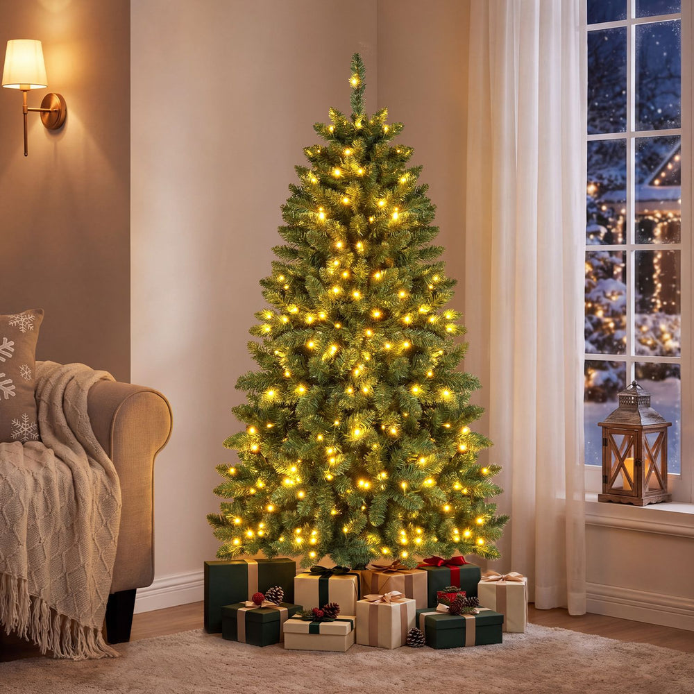 Pre-lit 5 ft artificial half Christmas tree with 250 warm white LED lights and dense branches, perfect for indoor decoration.