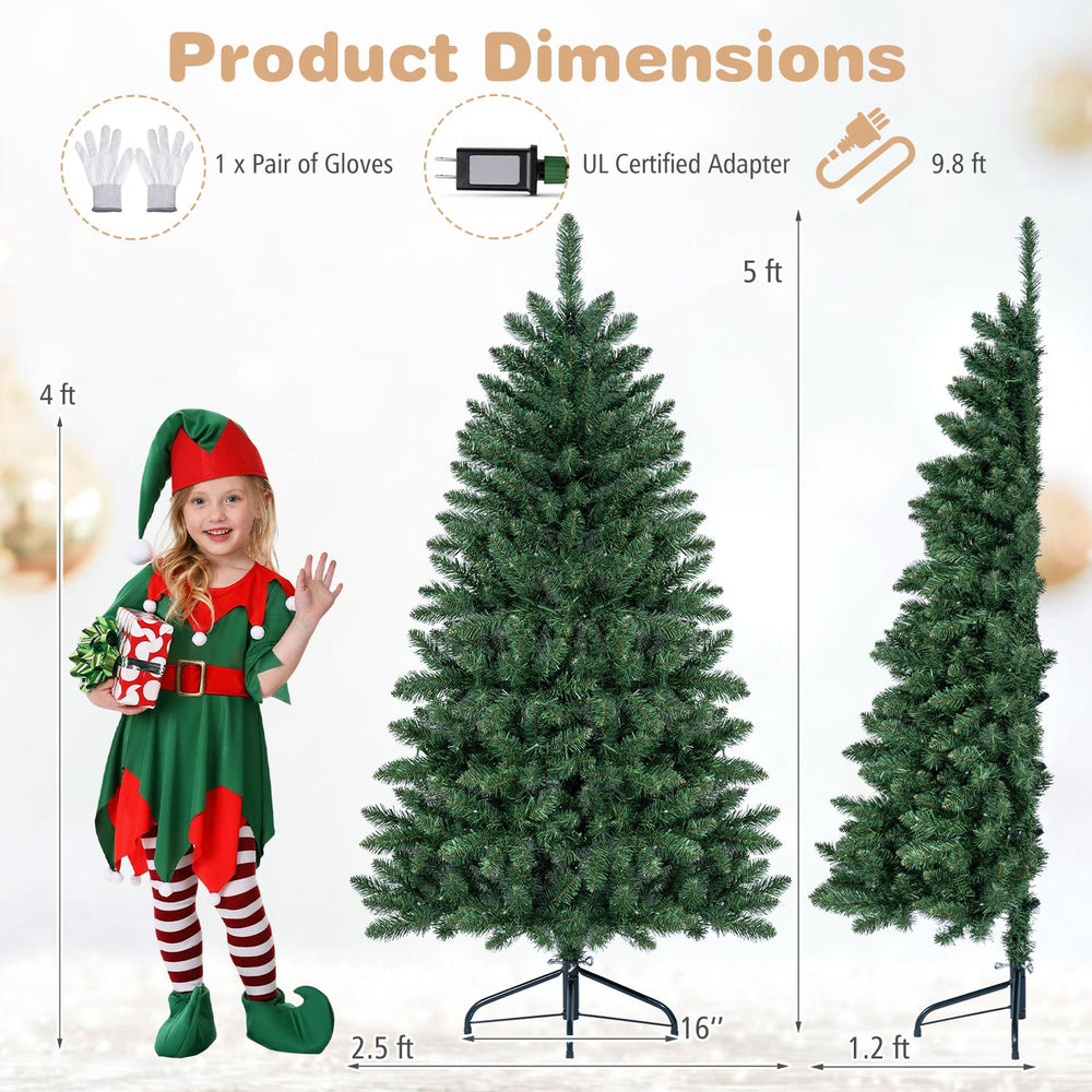 Pre-lit 5 ft artificial half Christmas tree with 250 warm white LED lights and durable PVC material for festive decor.