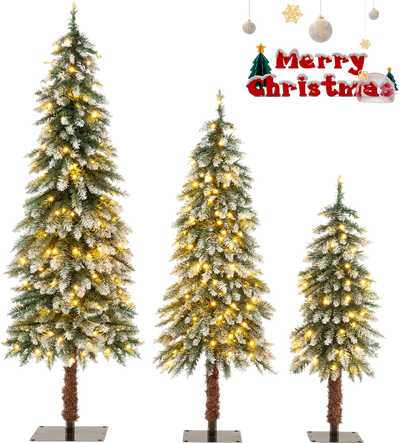 Costway Pre-Lit Snowy Slim Christmas Tree Set of 3 35496821 New