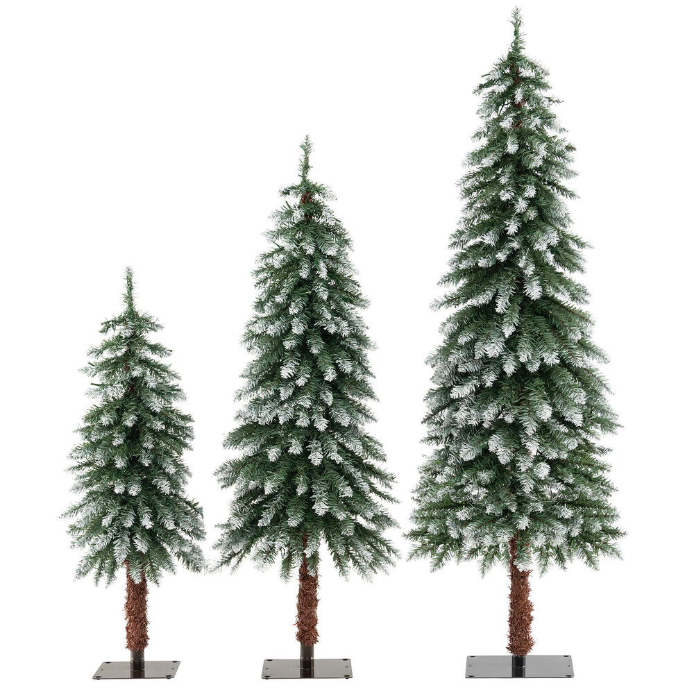 Set of 3 pre-lit snowy Christmas trees with 50, 100, and 150 LED lights, perfect for festive home or office decoration.