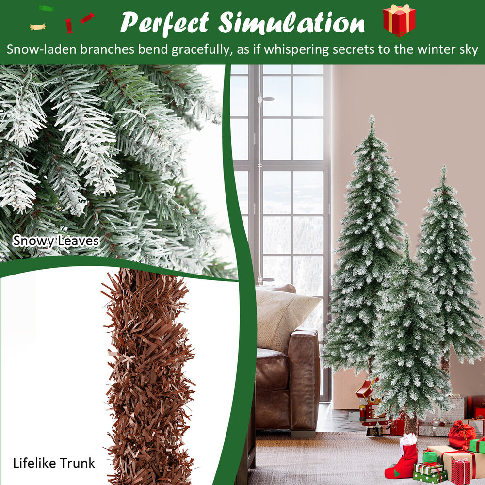 Snowy slim Christmas tree set of 3 with lifelike trunk and warm white LED lights for festive home decor.