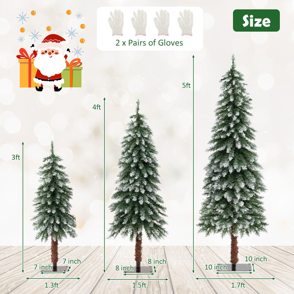 Set of 3 pre-lit snowy Christmas trees with 50, 100, and 150 LED lights, perfect for space-saving holiday decor.