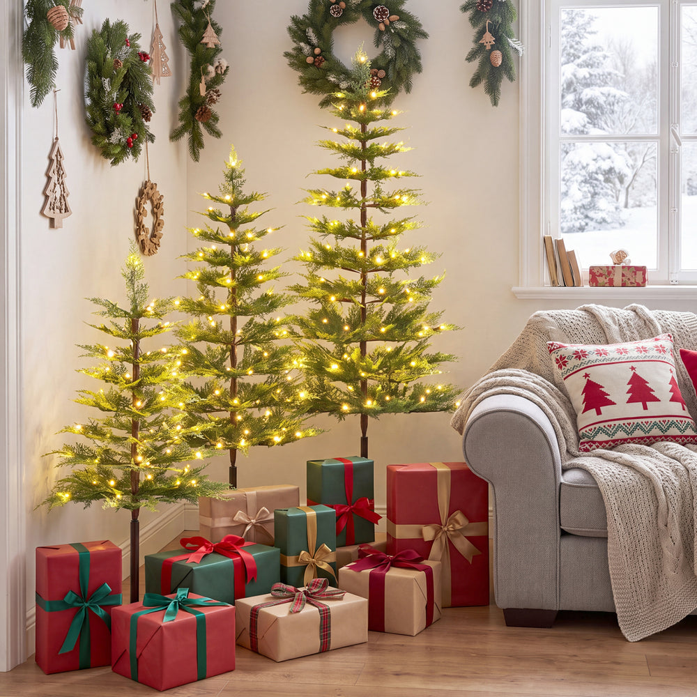 Pre-lit cypress Christmas tree set of 3, showcasing thick PE leaves and warm LED lights, ideal for cozy holiday settings.