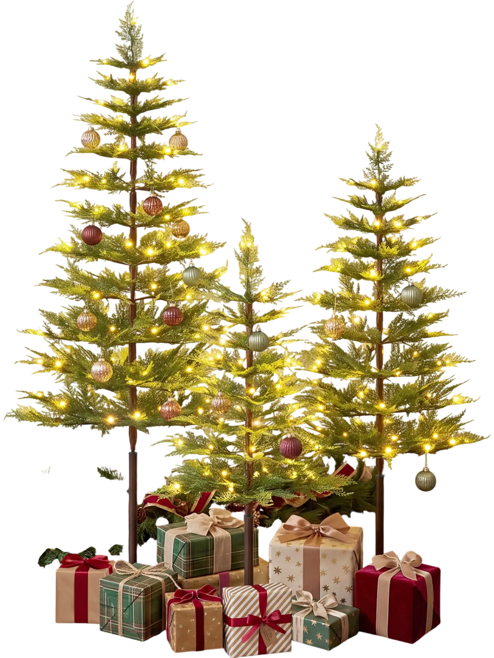 Set of 3 pre-lit cypress Christmas trees in green, featuring realistic branch tips and warm white LED lights for festive decor.