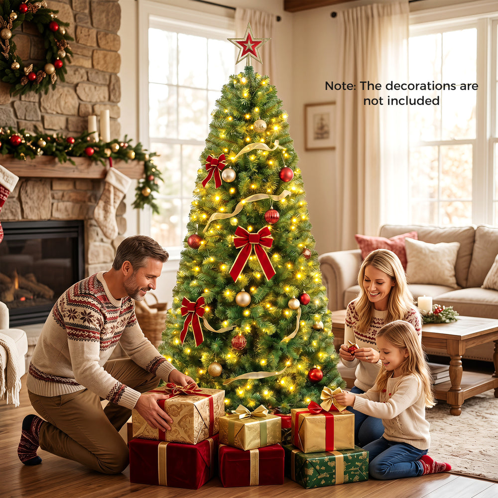 Pre-lit 6-foot green artificial Christmas tree with full branch tips, featuring warm white and colorful LED lights.