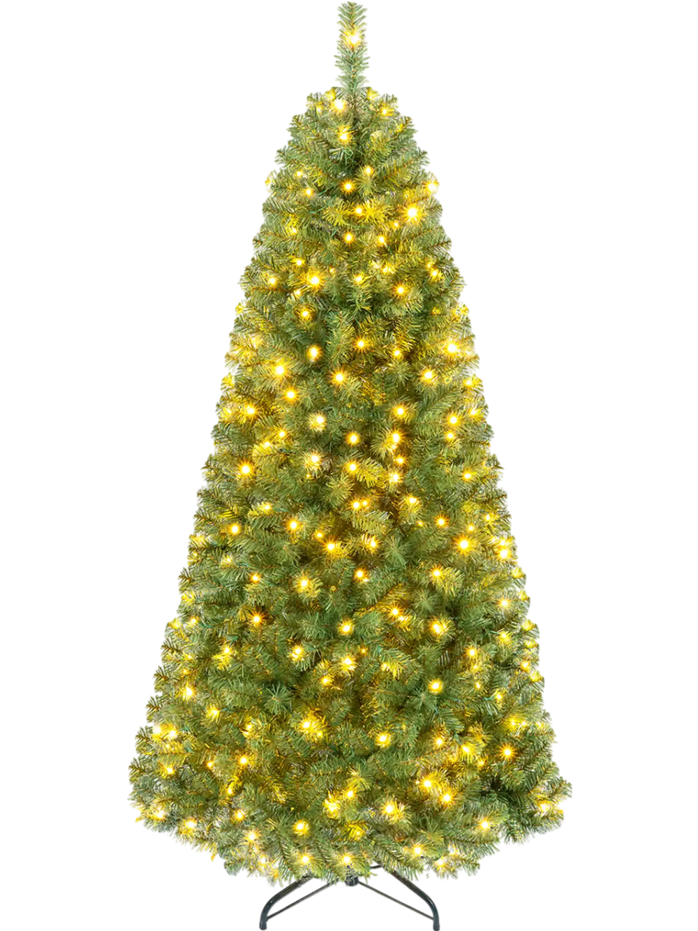 Pre-lit 6-foot green artificial Christmas tree with 600 LED lights and full branch tips for a lifelike holiday display.