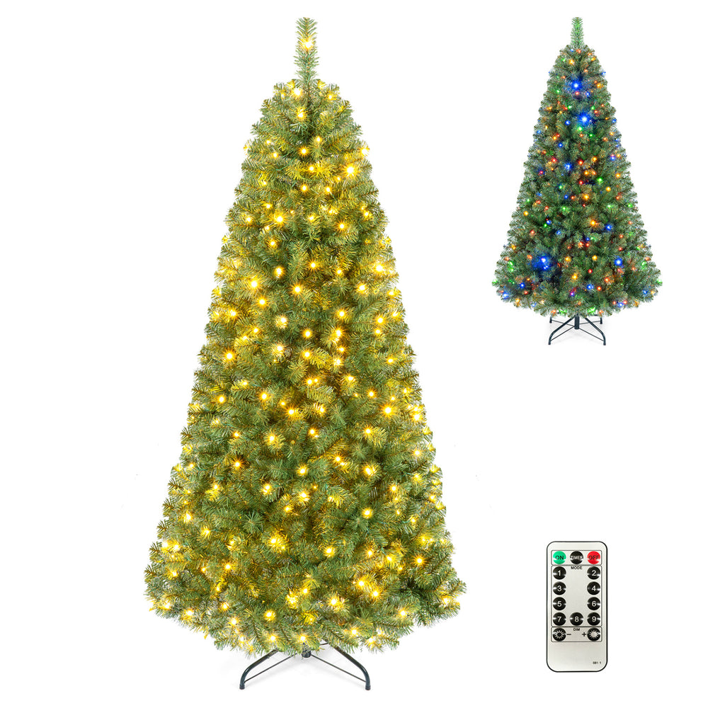 Pre-lit 6-foot green artificial Christmas tree with 600 LED lights, featuring adjustable brightness and multiple lighting modes.