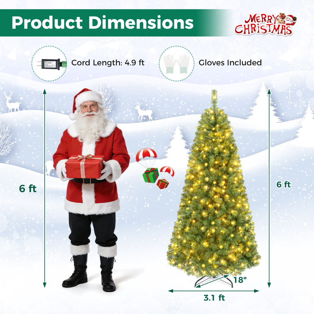 Pre-lit 6-foot green artificial Christmas tree with 600 LED lights and full branch tips for festive holiday decor.