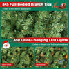 Pre-lit 6-foot green artificial Christmas tree with 845 full branch tips and 350 color-changing LED lights for festive decor.