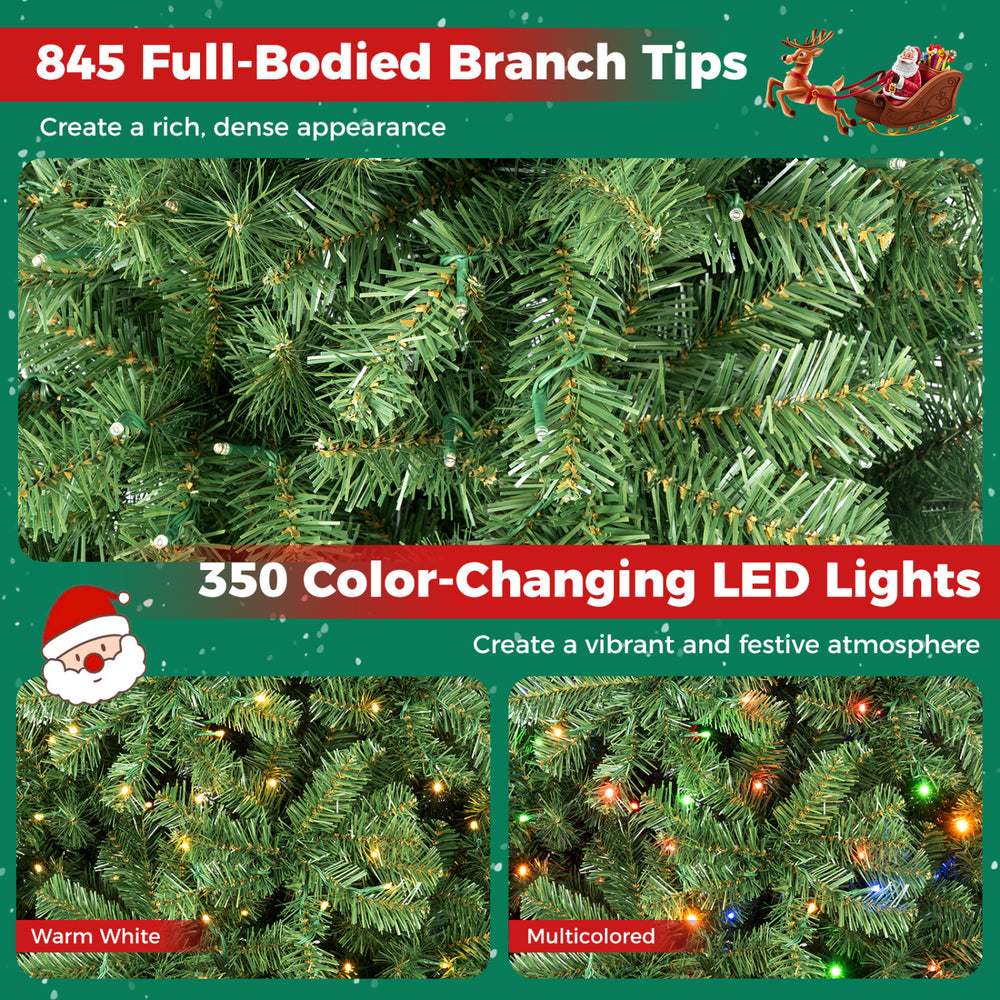 Pre-lit 6-foot green artificial Christmas tree with 845 full branch tips and 350 color-changing LED lights for festive decor.