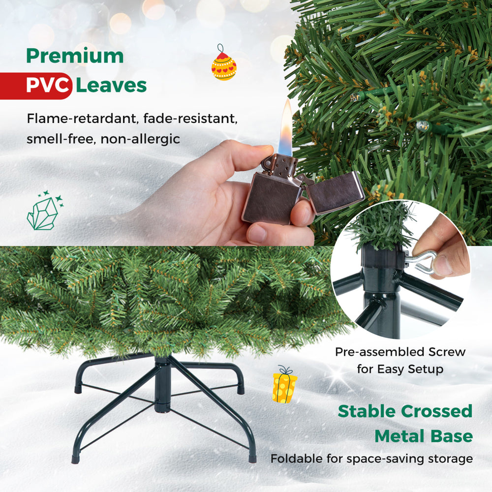 Pre-lit 6-foot artificial Christmas tree with full PVC branch tips, featuring a stable metal base for easy storage.