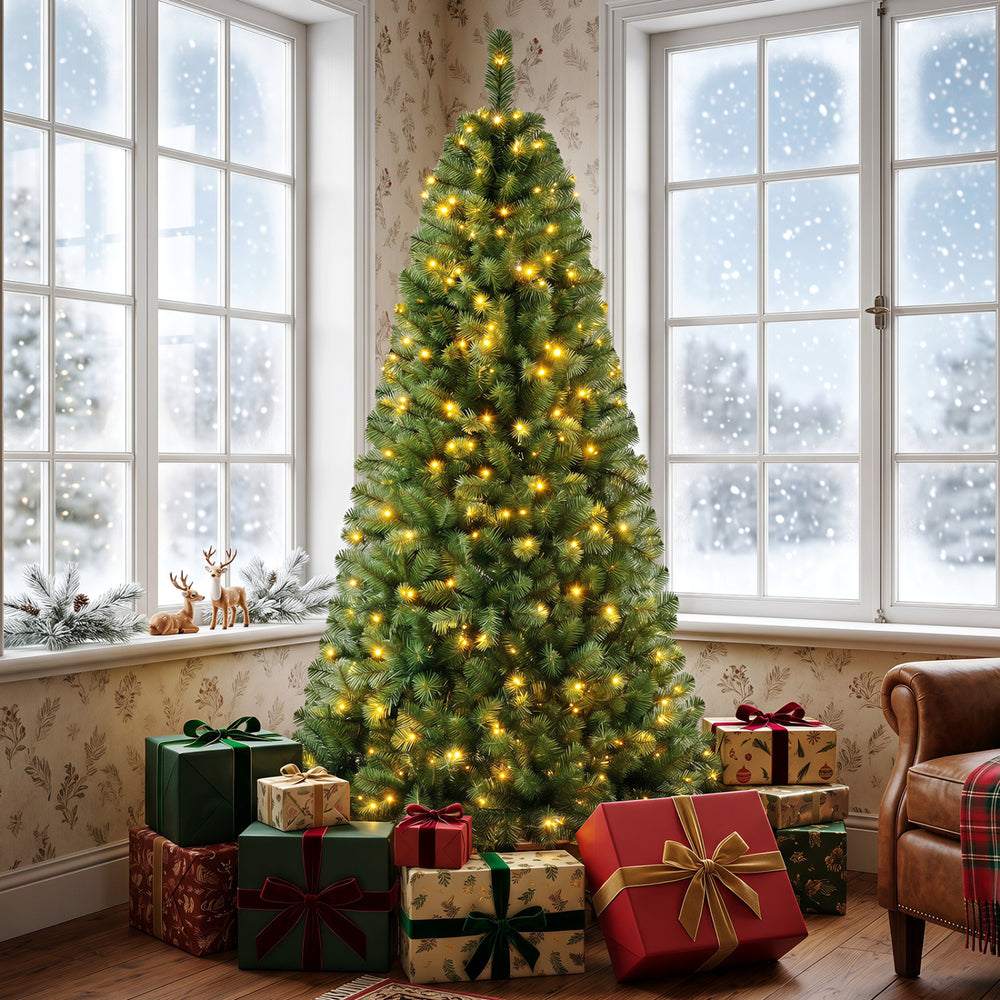 Pre-Lit Green Artificial Christmas Tree with Full Branch Tips-7 Feet - Gallery View 1 of 11